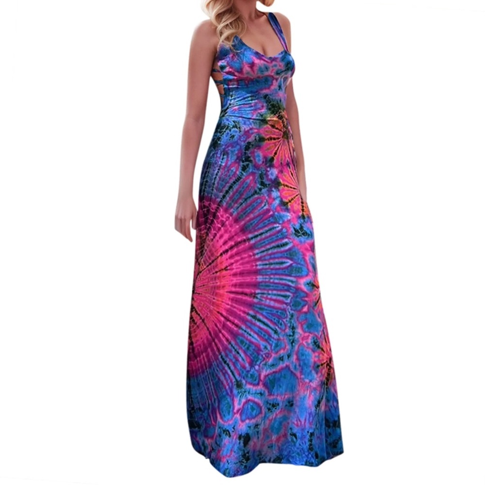 Elegant Backless Tie-Dye Maxi Dress